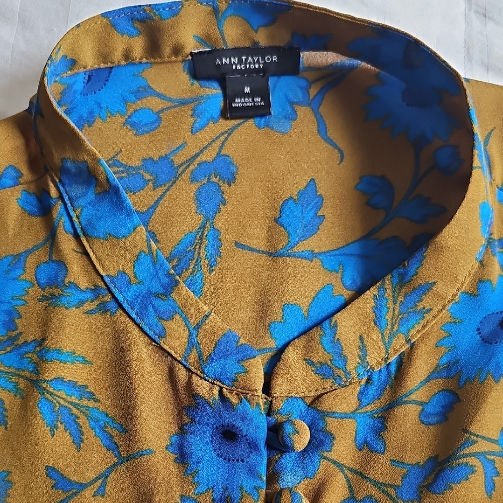 Ann Taylor Olive / Blue Floral Blouse